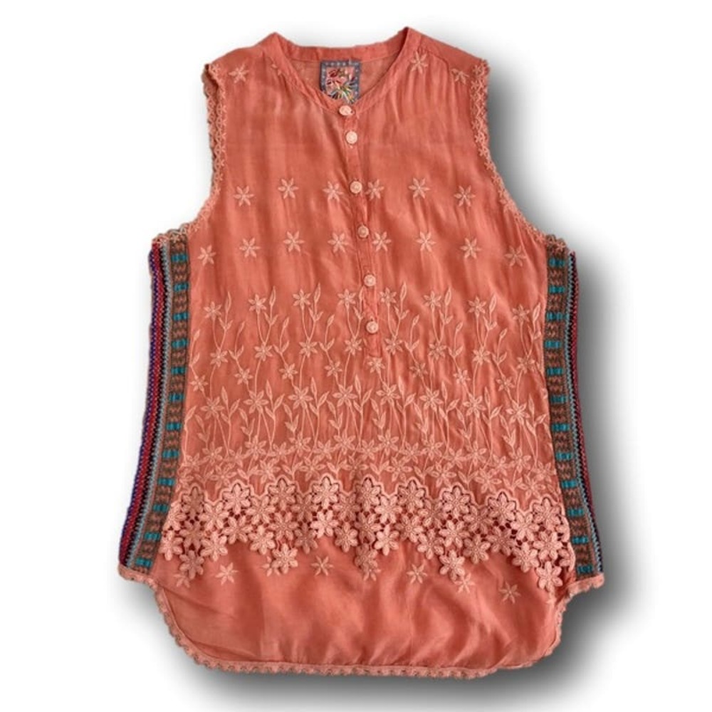 Johnny Was embroidered Malin tank, Ladies XS coral sleeveless floral boho top - Picture 6 of 14